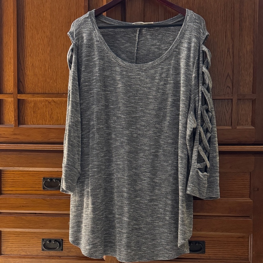 Terra & Sky Metallic Gray Shimmer Cut Out Lattice Cold Shoulder Tunic Sweater